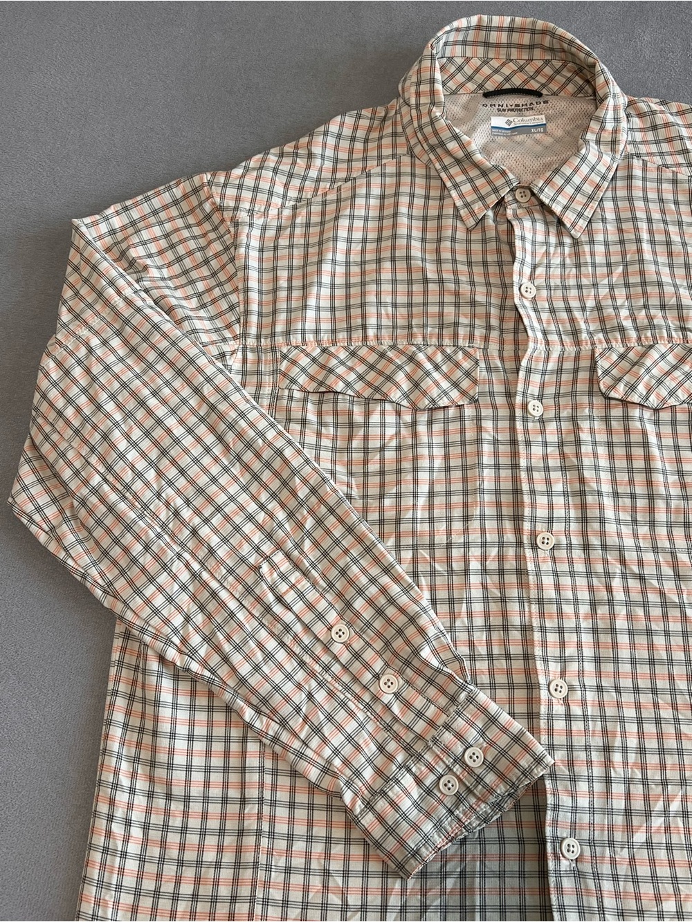 Columbia Omni-Shade Sun Protection Plaid Button Down Shirt White & Orange XL